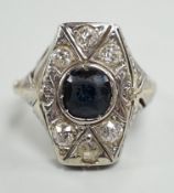A 1940's? white metal, sapphire and diamond cluster set hexagonal dress ring, size L, gross weight