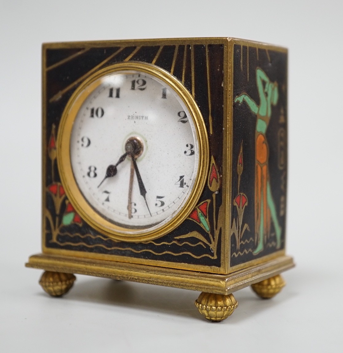 A Zenith champleve enamel Egyptianesque travelling alarm clock in case, 10cm total height - Image 2 of 6