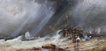 Attributed to William McAlpine (fl. 1840-1880), oil on board, 'Storm on the Cornish Coast', label