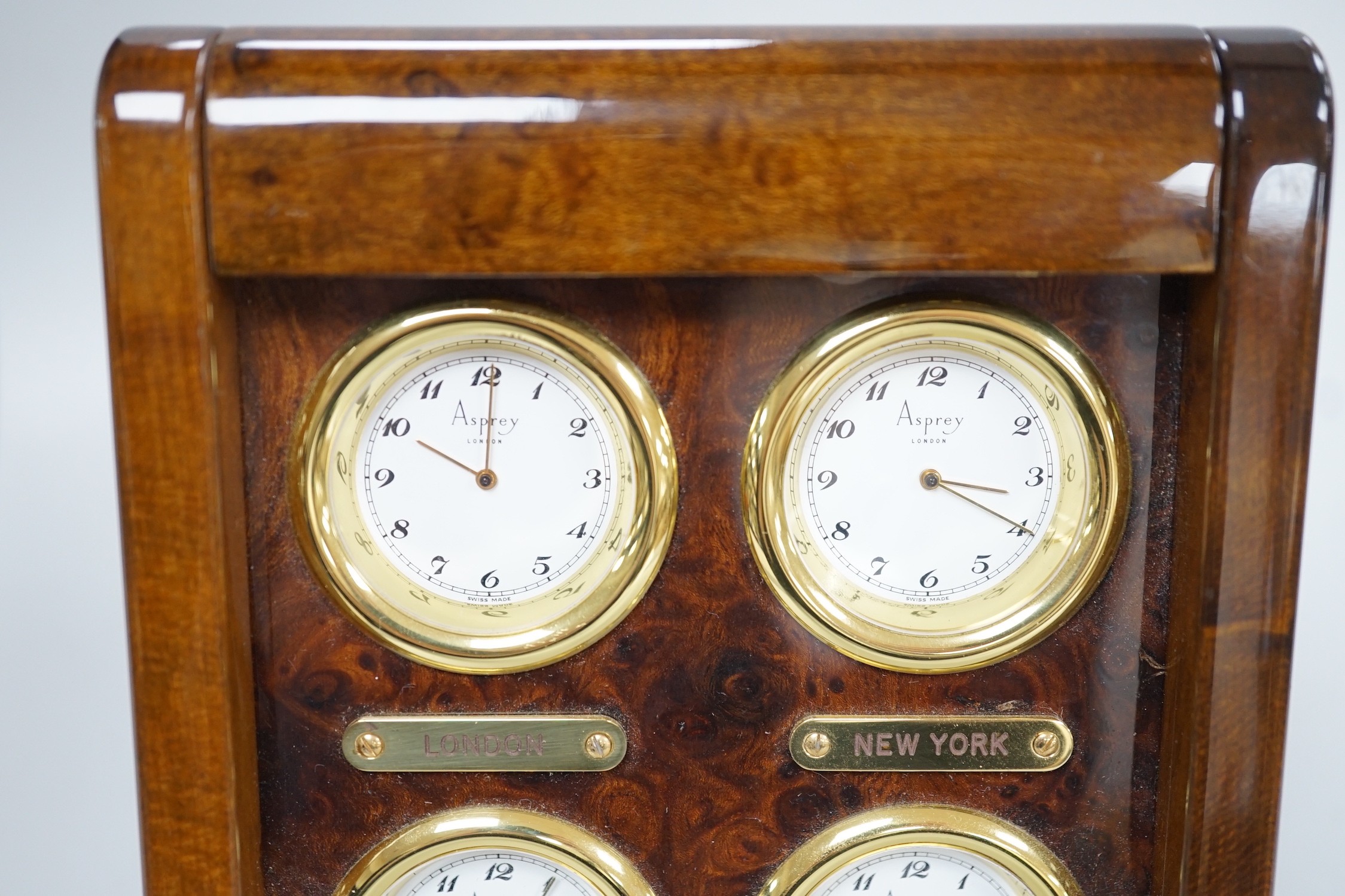 An Asprey burr wood veneered desktop four time zone timepiece, 15.5 cm - Image 2 of 4