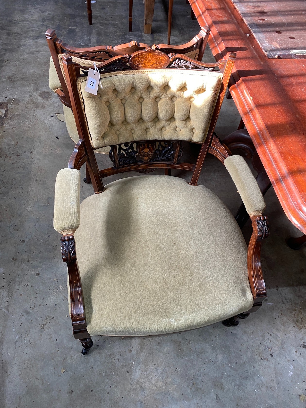 A pair of late Victorian inlaid rosewood salon chairs, width 63cm, depth 60cm, height 80cm - Image 2 of 3