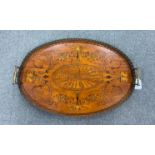 An Edwardian oval marquetry inlaid mahogany galleried tea tray, width 58cm, depth 40cm