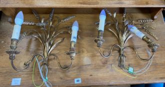 A pair of wheat-ear two branch wall lights, height 42cm
