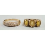 A modern 9ct gold and three stone citrine ring, size Q, gross weight 4.7 grams and a modern 18ct