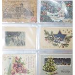 A selection of early 20th century postcards in an album, to include novelty, Christmas, Happy New