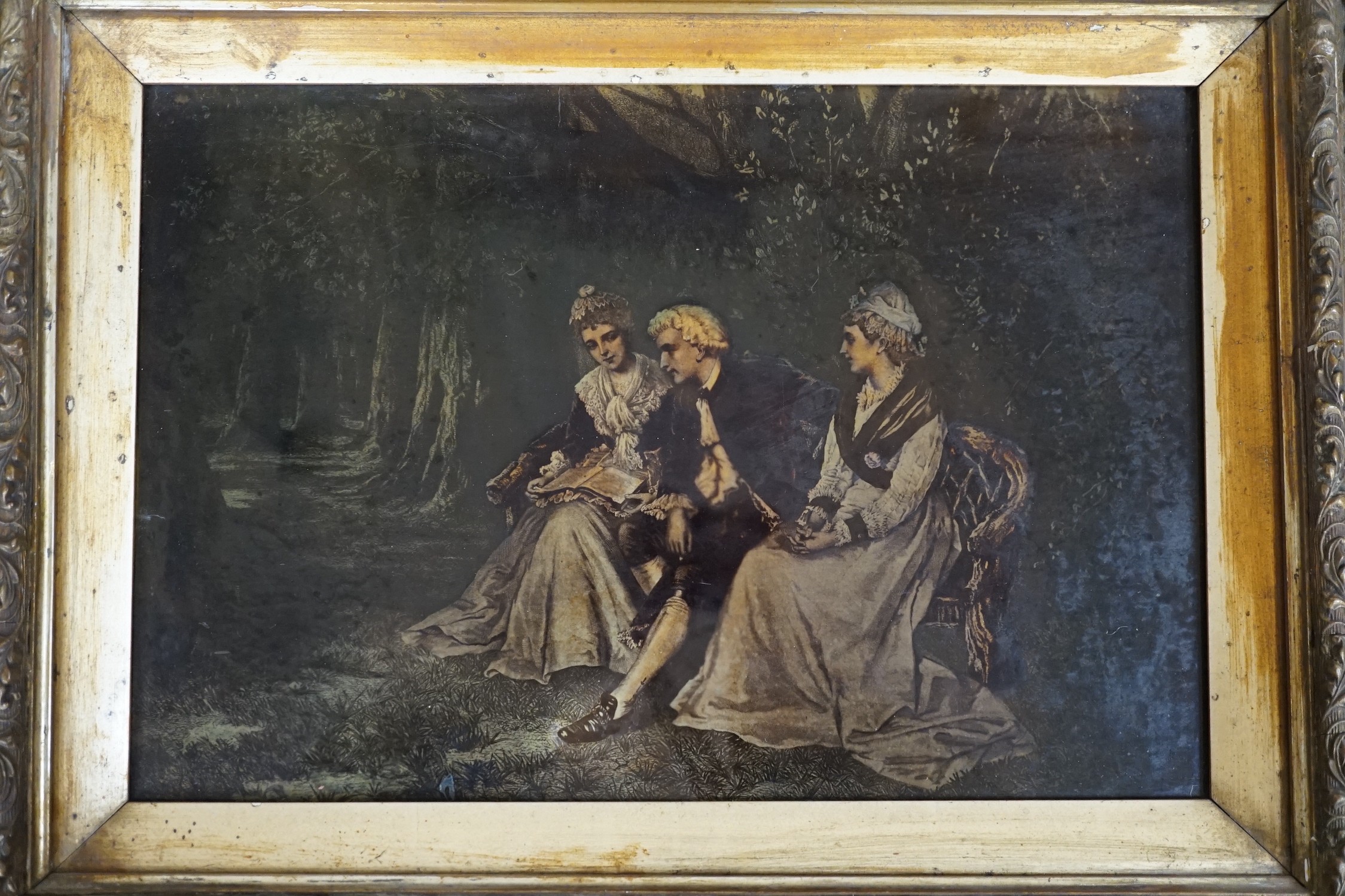 English School c.1900, two crystoleums, Tea in the garden and Lovers in woodland, 26 x 37cm - Image 3 of 5