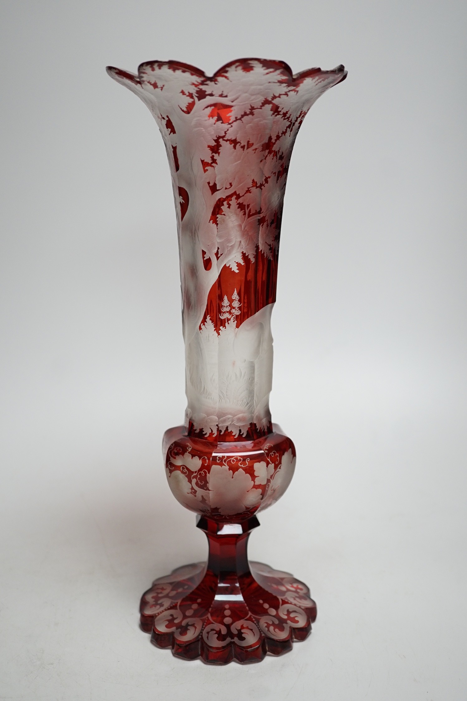 A Bohemian wheel engraved ruby glass vase (a.f.). 35cm tall - Image 3 of 7