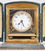A Zenith champleve enamel Egyptianesque travelling alarm clock in case, 10cm total height