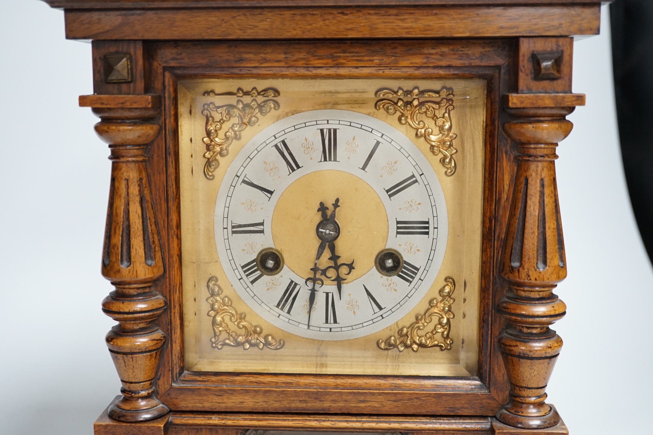 A German oak cased clock, plaque reads ‘Presented to Harry Collins on the occasion of his marriage - Image 4 of 7