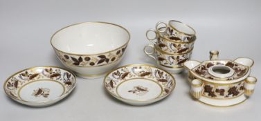 Flight and Barr, Worcester brown enamelled and gilded inkstand, two trios and a similar slops
