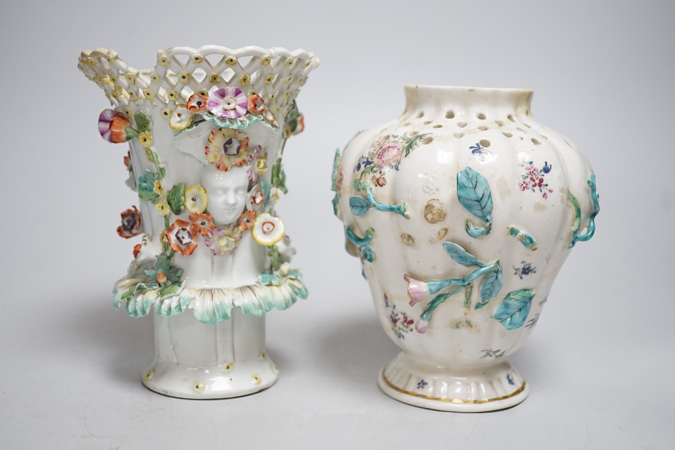 An 18th century Chelsea pot pourri vase, red anchor period, encrusted and painted with leaves and - Image 5 of 10