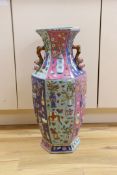A large Chinese famille rose two handled hexagonal vase. 64cm tall