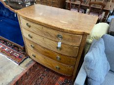 A Regency banded faded mahogany bowfront chest of four graduated long drawers, width 108cm, depth