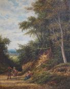 Victorian School, oil on board, Figures on a country lane, indistinctly signed and dated 1875, 48