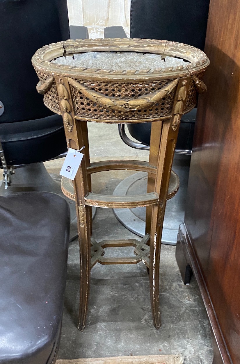 An early 20th century French caned giltwood jardiniere table, width 40cm, depth 29cm, height 85cm