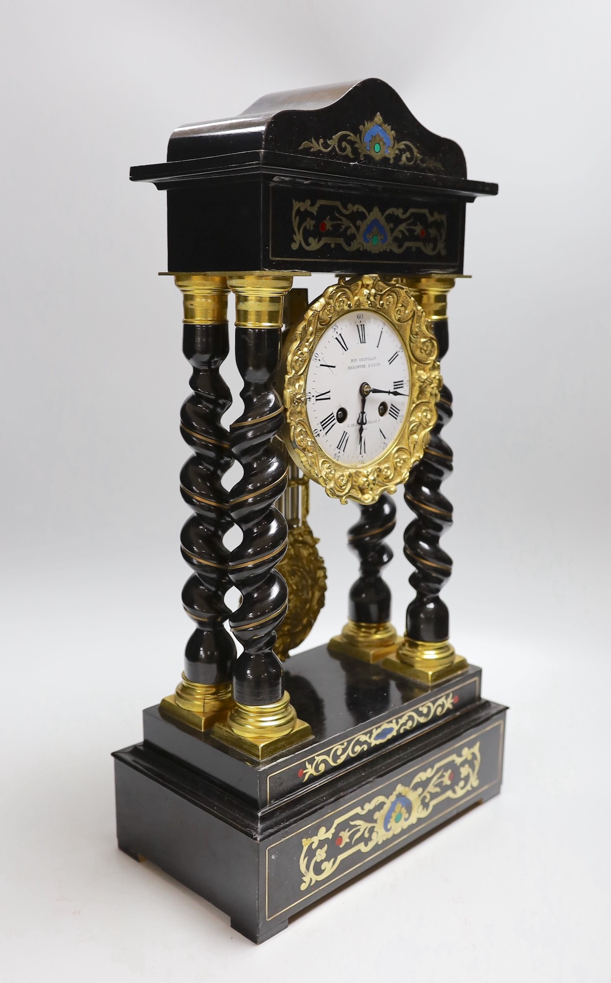 A French Napoleon III ebonised and brass inlaid portico clock. 49cm tall - Image 3 of 5