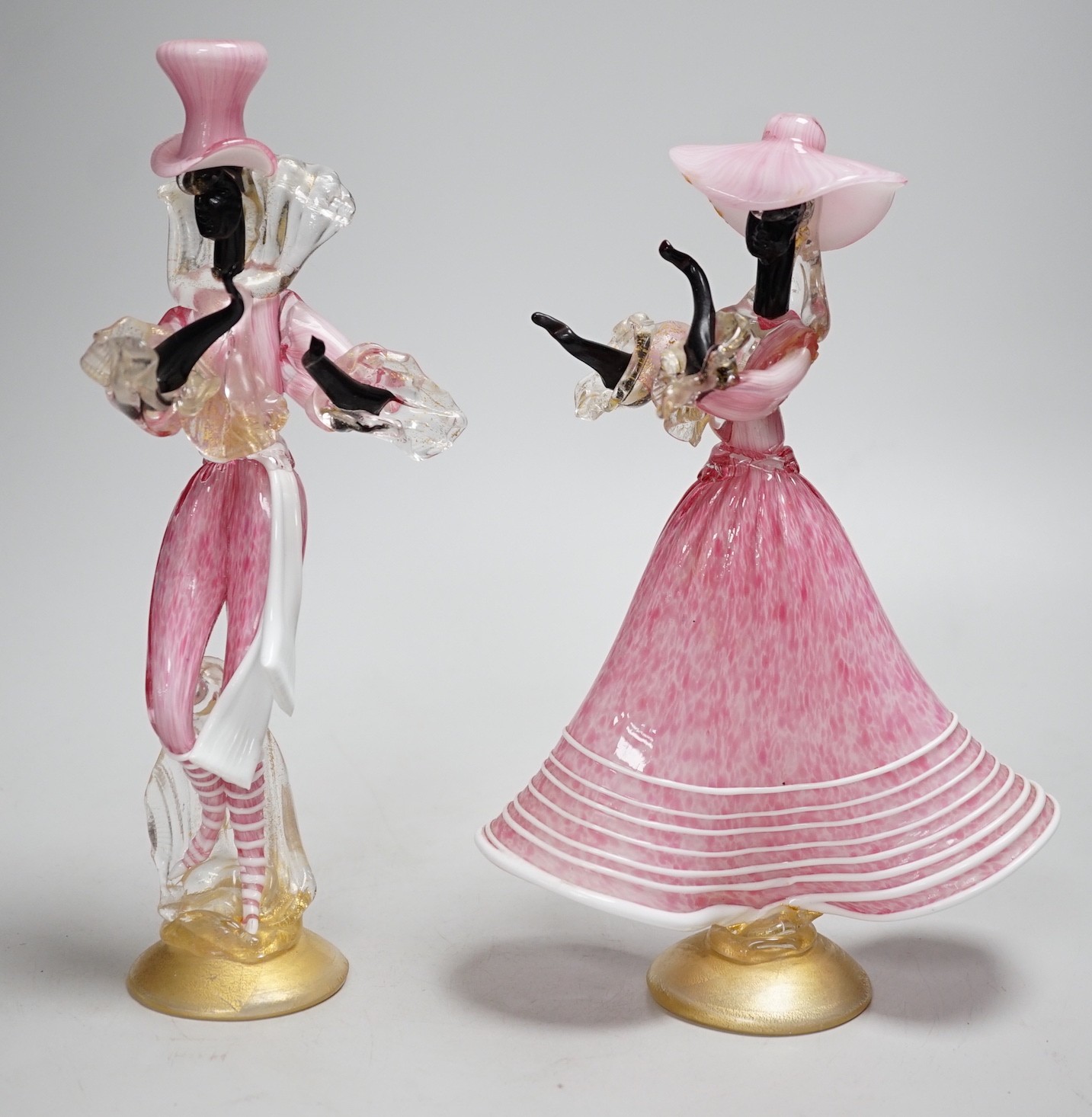 A pair of pink Italian glass Murano dancing figurines. Tallest 28cm