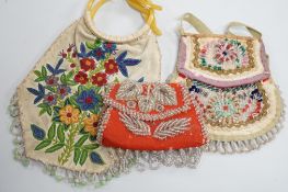 A mid to late 19th century Iroquois, North American/Canadian Indian glass beadwork bag on linen,