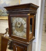 A late 18th century walnut 8 day longcase clock, pendulum incomplete, height 182cm