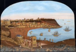 A large framed Victorian cork work panel depicting a view of Scarborough harbour, 93x124cm including