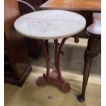 A Victorian style painted cast metal circular top marble top table, diameter 56cm, height 70cm