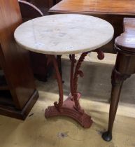 A Victorian style painted cast metal circular top marble top table, diameter 56cm, height 70cm