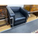 A pair of Corbusier style Cassina type black leather and chrome lounge chairs, width 74cm, depth