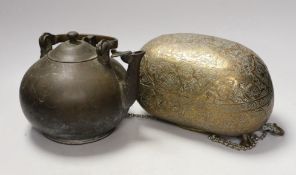A 19th century Persian engraved brass kashkul, Qajar dynasty, 16cm wide and a bronze kettle, 17cm