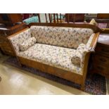 A 19th century French upholstered mahogany settee, length 101cm, depth 73cm, height 101cm