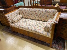A 19th century French upholstered mahogany settee, length 101cm, depth 73cm, height 101cm