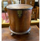 A George III style circular mahogany work box, diameter 38cm, height 47cm