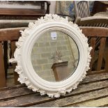 A circular white painted composition wall mirror with engraved plate, diameter 62cm
