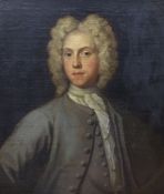 English School c.1700, oil on canvas laid on board, Portrait of a young man wearing a grey coat,