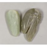 A Chinese pebble carving and a Chinese soapstone carving of a cicada, 8.5 cm long