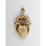 An Edwardian yellow metal, rose cut diamond and split pearl cluster set heart shaped locket pendant,