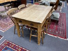 A Victorian rectangular pine kitchen table, length 136cm, depth 81cm, height 77cm together with