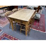 A Victorian rectangular pine kitchen table, length 136cm, depth 81cm, height 77cm together with