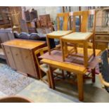 An early 20th century oak and zebra wood dining suite by Ebenezer Gomme, comprising draw leaf table,