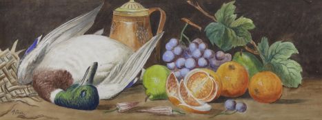 Giovanni Barbaro / AKA Arthur Dudley (1864-1915), watercolour, Still life of a duck and fruit,