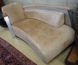 A Timothy Oulton style aluminium and pale brown leather 'Aviator' day bed, length 200cm, width 76cm,