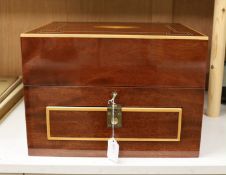 An inlaid travelling decanter box, with lower drawer and a set of Royal Doulton glasses