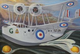 Terry Clarke (b.1932), oil on board, 'Flying Boat', signed, 42 x 60cm