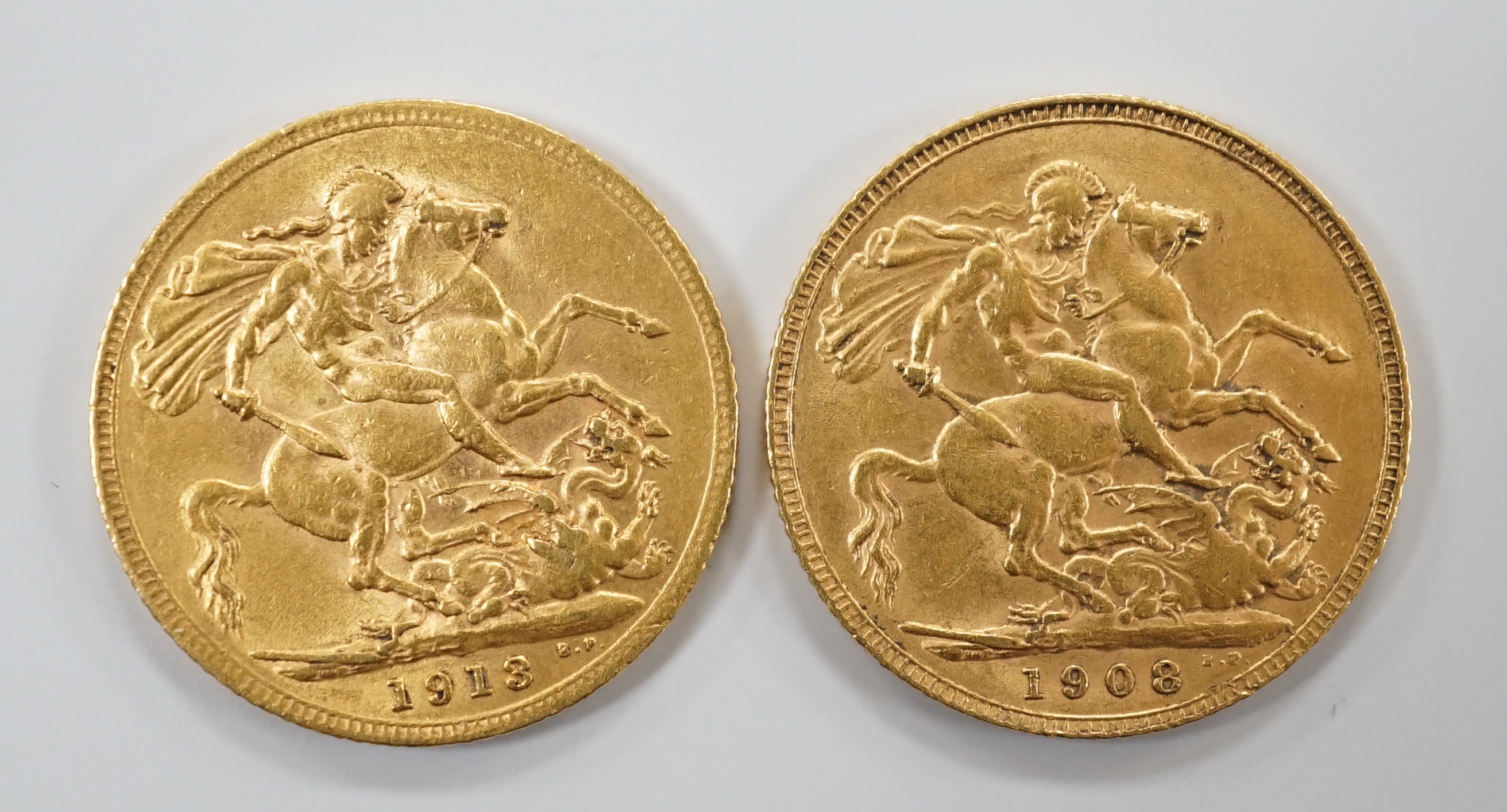 Two gold sovereigns, 1908 & 1913.