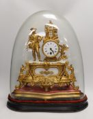 A French gilt metal mantel clock under dome. Overall 53cm tall