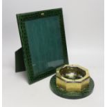 An Asprey green faux crocodile hide desk set, comprising photograph frame, 32 cm high and Moser