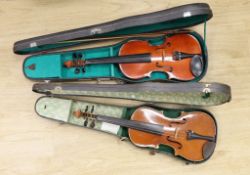 Two cased violins, one bow