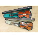 Two cased violins, one bow