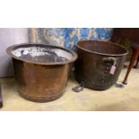 Two Victorian copper coppers, one on later iron feet, larger diameter 51cm