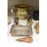 A brass paraffin blow torch, a copper shot flask and a Dutch embossed brass bowl