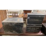 Three 19th century tin deed boxes, largest width 46cm, depth 35cm, height 33cm